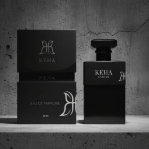 Bottle of KEHA Caspian Sophisticated Woody Rose Men's Perfume on a stone texture background