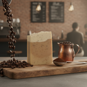 Sabun batang kopi natural Coffee Scrub dengan tekstur butiran kopi untuk eksfoliasi.