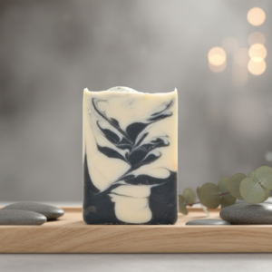 Bar of Charcoal Swirl Detoxifying Charcoal Soap with black and white artistic swirls.